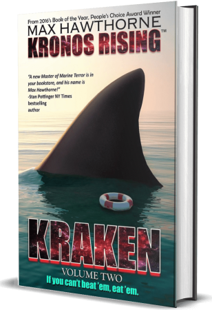 A book cover with a shark in the water